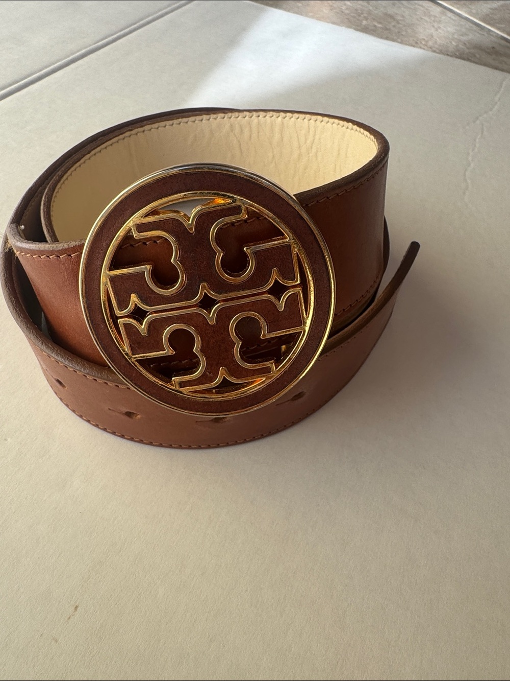 Tory Burch Brown Leather Belt with Gold Logo Buckle